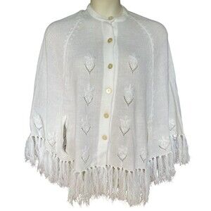 Vtg NEW NOS White Knit Cape Shawl Wrap Sweater Fringe Cottagecore Floral 1960's